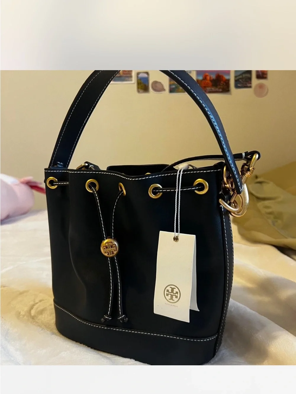 Tory Burch Black Leather Drawstring Bucket Shoulder Bag with Gold Hardware